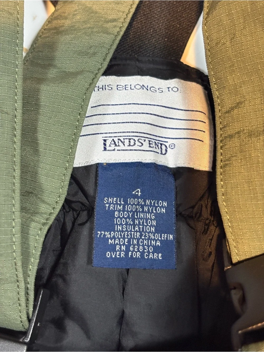 Lands End Olive Green Kids Snow Bibs with Black Reinforced Panels size 4